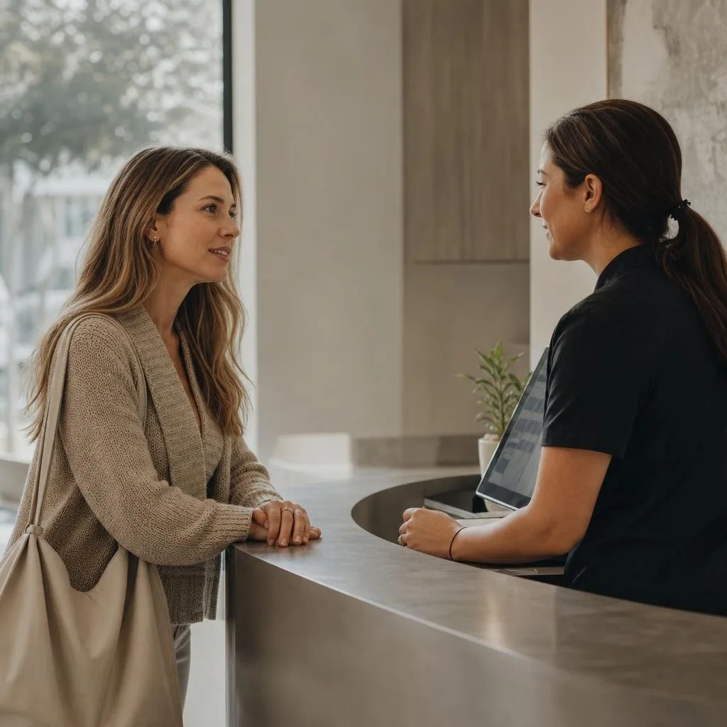 Welcoming clinic reception desk with a phone and appointment book